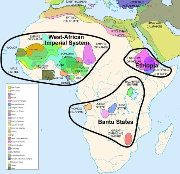 The empires of Africa, before colonialism This map of indigenous African empires is not exhaustive. It spans two thousands years from 500 B.C. to 1500 A.D